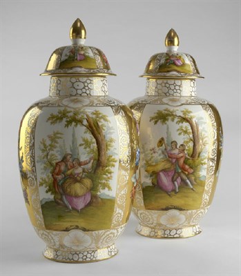 Lot 78 - A pair of large late 19th/early 20th century Dresden vases and covers